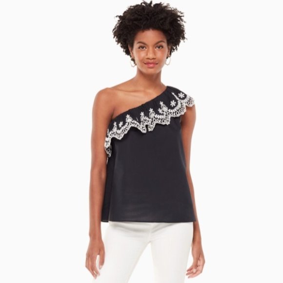 New KATE SPADE One Off Shoulder Eyelet Ruffle Blouse Top Cotton Black White Sz S - Picture 4 of 15